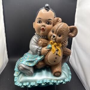 Vintage Atlantic Mold Ceramic Baby & Teddy Bear Hand Painted Signed 1985